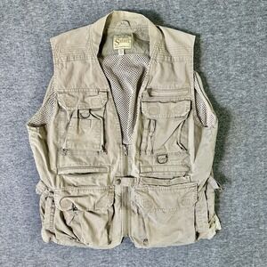 Cabelas Safari Series Vest Mens Large Tan Khaki Utility Vented Hiking Fishing
